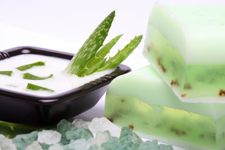 aloe vera leaves handmade soap moisturizer and bath salt