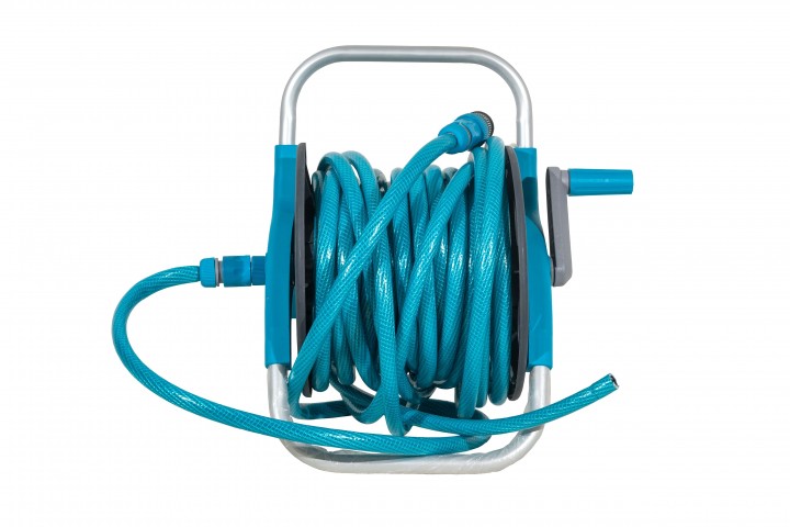 sky blue watering garden hose on the spool isolated on white background