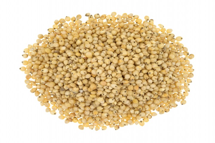 top view of a portion of whole grain organic sorghum seeds isolated on a white background