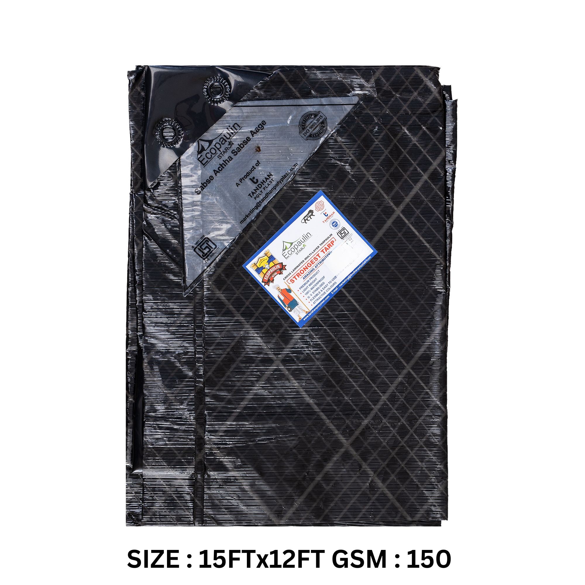tandhan ecopaulin 150 gsm waterproof tarpaulin sheet heavy duty tarp, plastic tadpatri, tharpai sheet, multilayer cross laminated tirpal for roof, black 15x12 ft