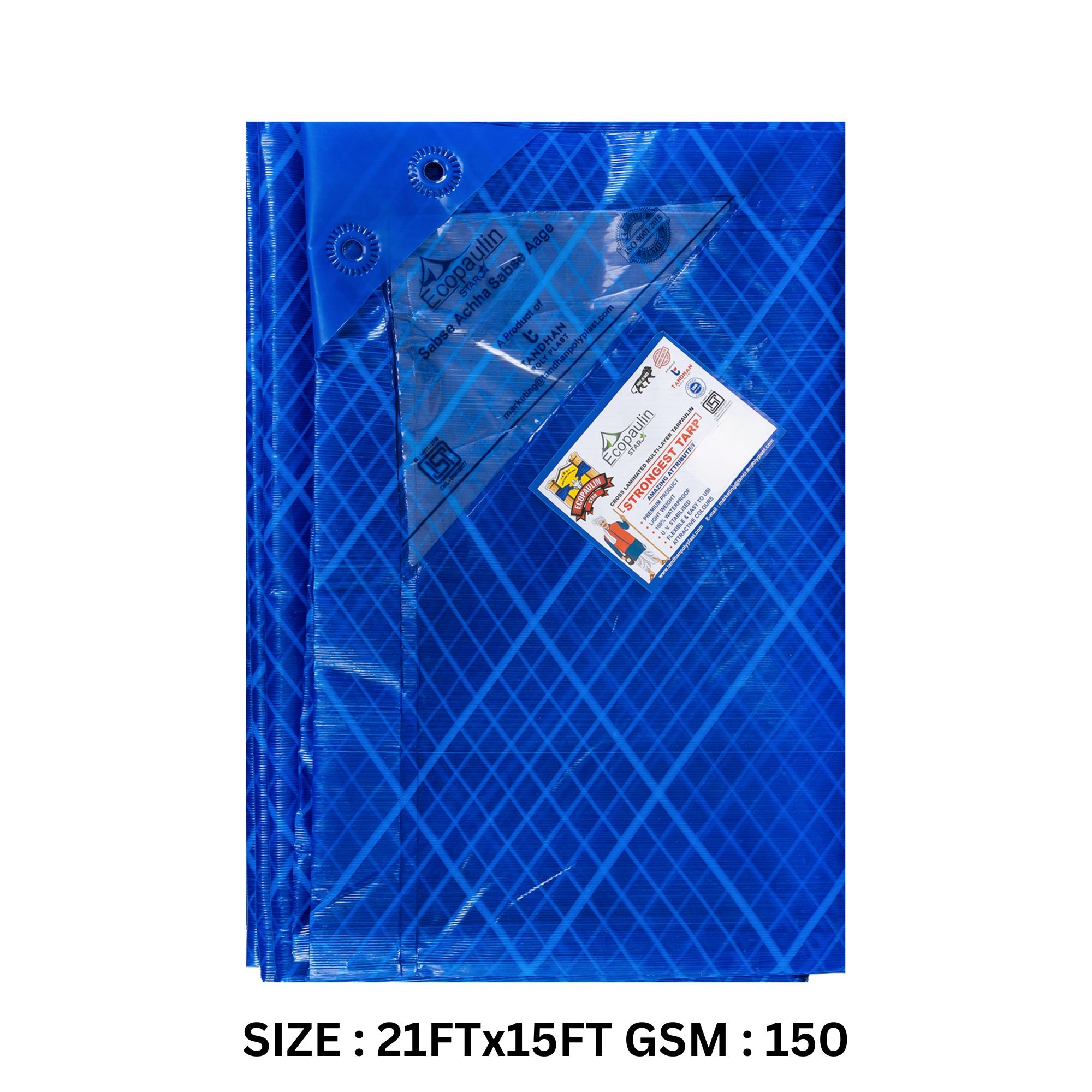 tandhan ecopaulin star 150 gsm tarpaulin sheet heavy duty waterproof tirpal, plastic tadpatri, tharpai sheet, cross laminated tarp for roof, blue 21x15 ft