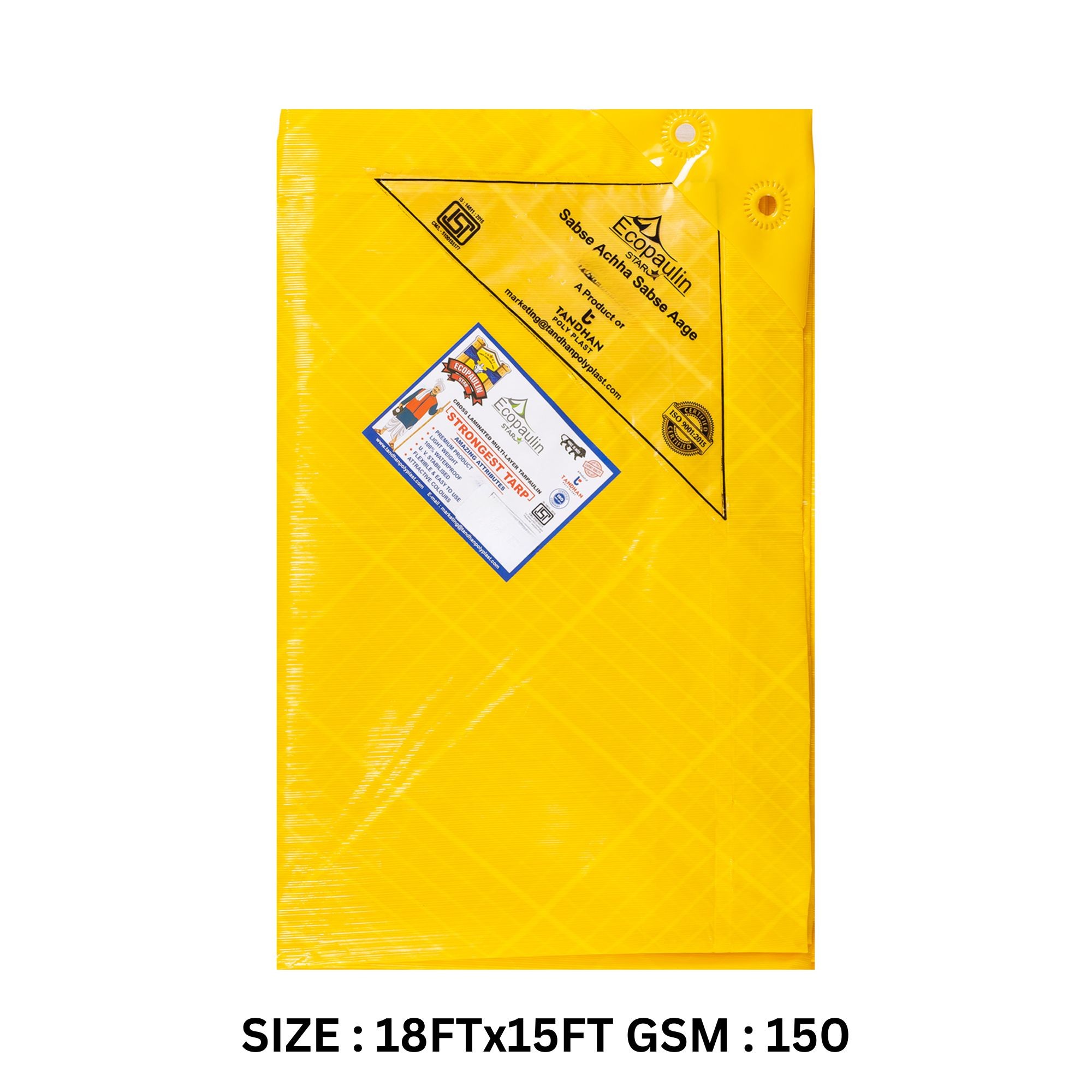 tandhan ecopaulin star 150 gsm waterproof yellow tarpaulin sheet heavy duty tarp, plastic tadpatri, tarp for roof, tharpai sheet, cross laminated tirpal 18x15 ft