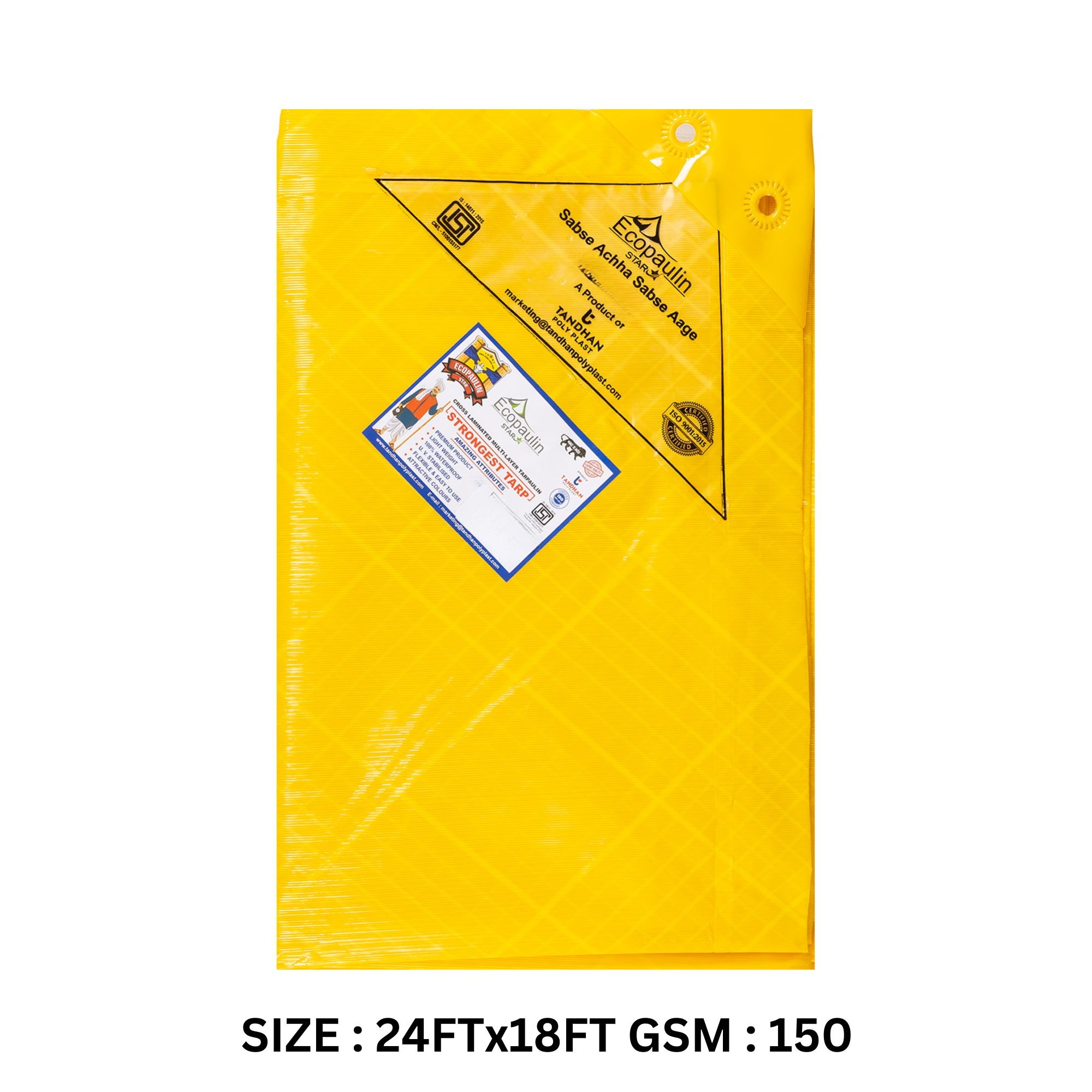 tandhan ecopaulin star 150 gsm waterproof tarpaulin sheet heavy duty tarp, plastic tadpatri, tharpai sheet, multilayer cross laminated tirpal for roof, yellow 24x18 ft