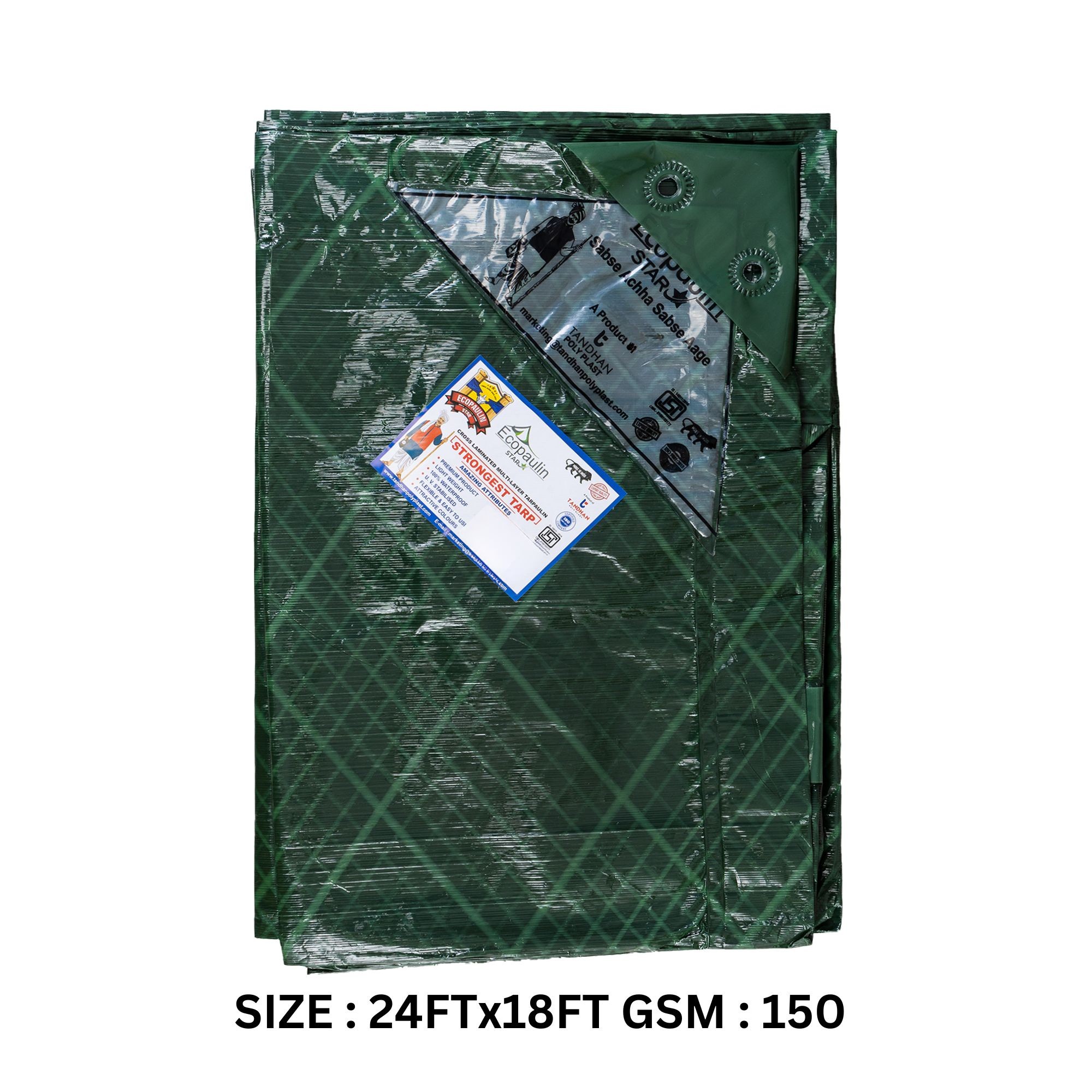 tandhan ecopaulin star 150 gsm olive green tarpaulin sheet heavy duty waterproof cover, plastic tadpatri, tharpai sheet, tarp for roof, cross laminated tirpal 24x18 ft
