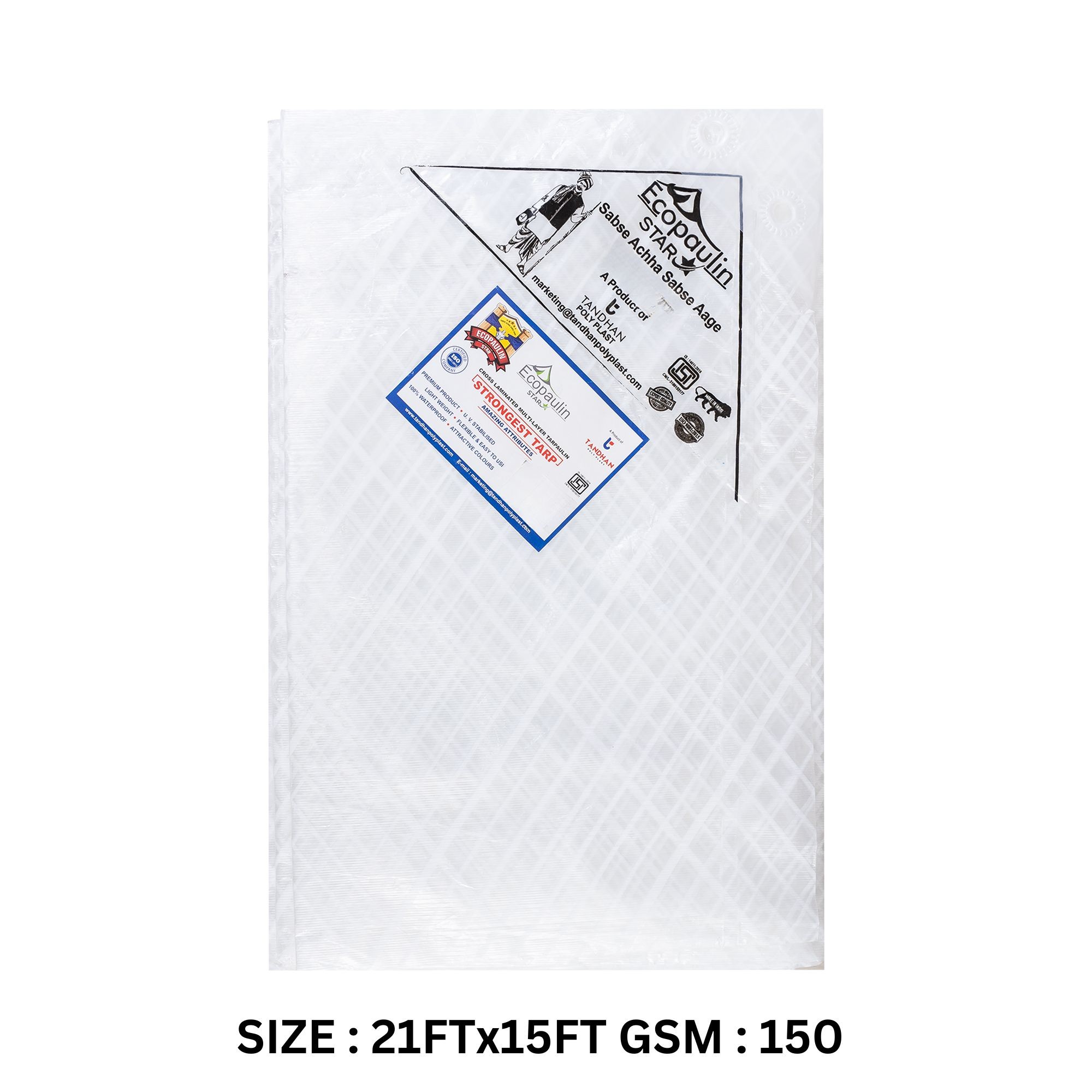 tandhan ecopaulin star 150 gsm tarpaulin sheet heavy duty waterproof tirpal, plastic tadpatri, tharpai sheet, cross laminated tarp for roof, natural 21x15 ft