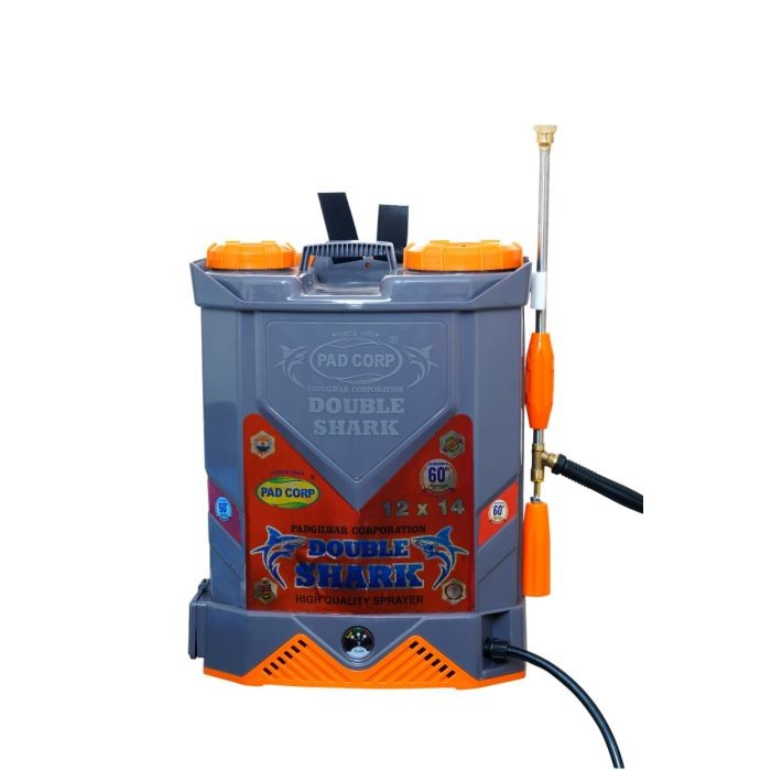 pad corp double shark 12 volts x 14 ampere double power double motor battery sprayer | 18 liter tank capacity | 1.7ah charger | (model-double shark)(color- gray-orange)
